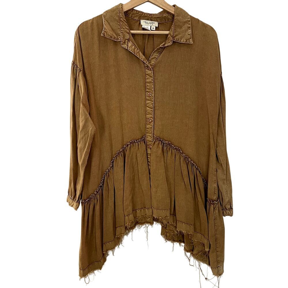 Tru Luxe Jeans vintage boho fringe high low long sleeved top women's M brown